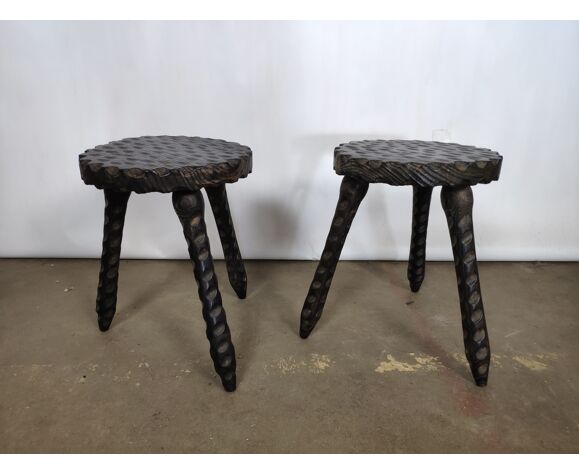 Pair of antique stools in carved solid oak