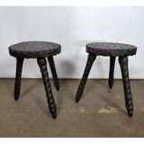 Pair of antique stools in carved solid oak