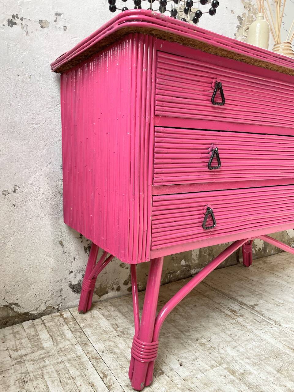 Vintage pink rattan chest of drawers