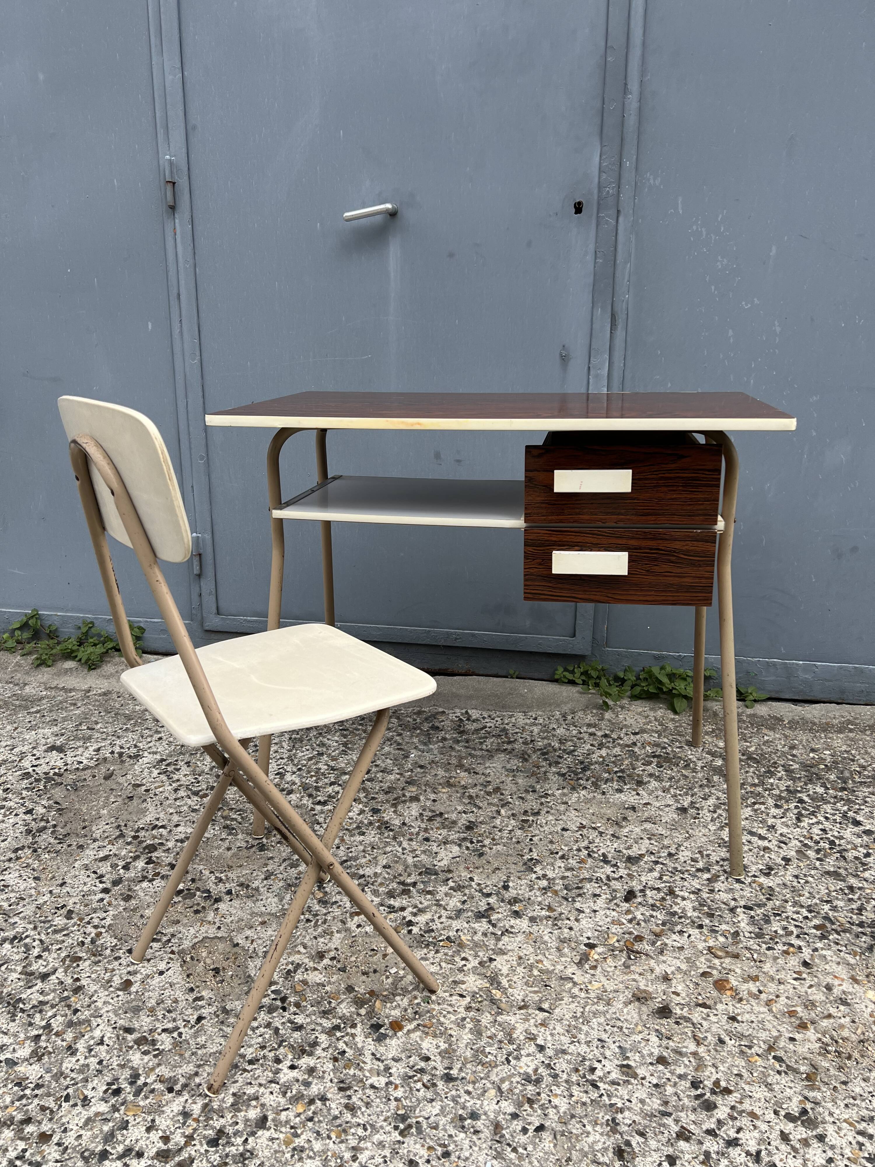 Small vintage desk with formica drawers and 70s chair