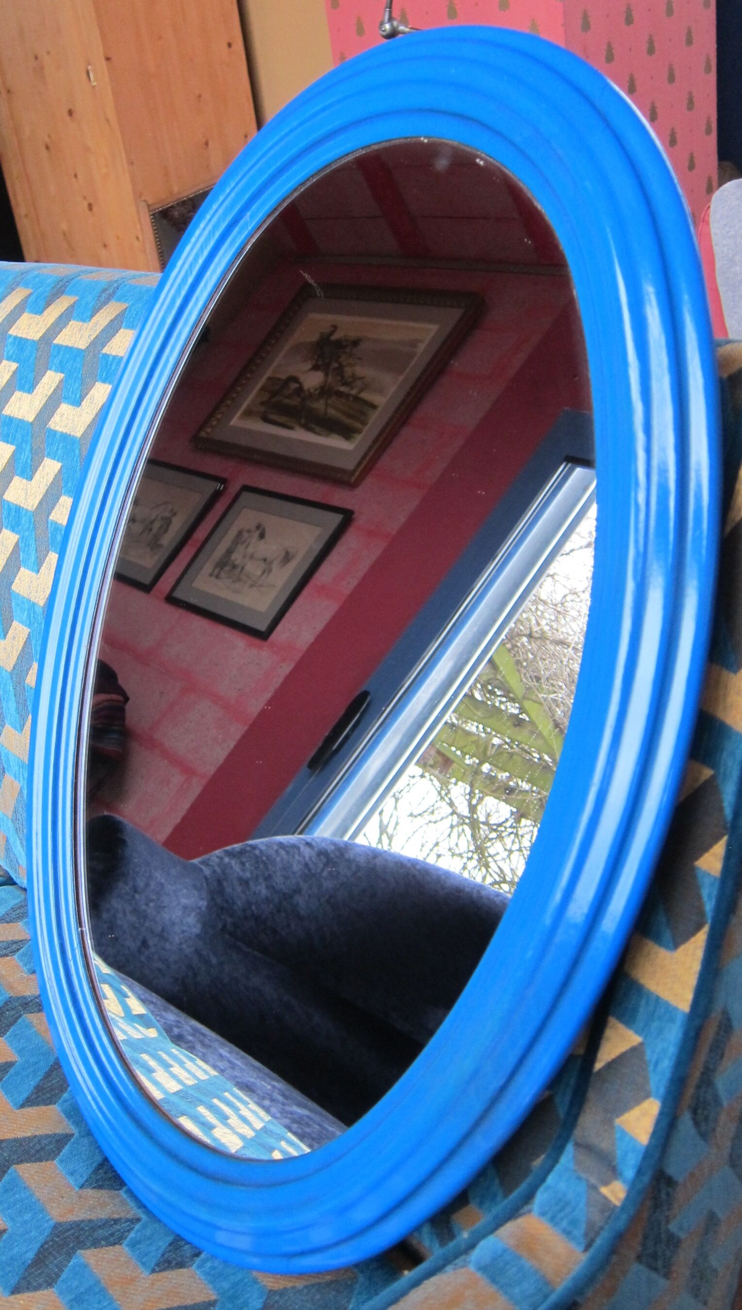 Blue pine oval mirror 50x67cm