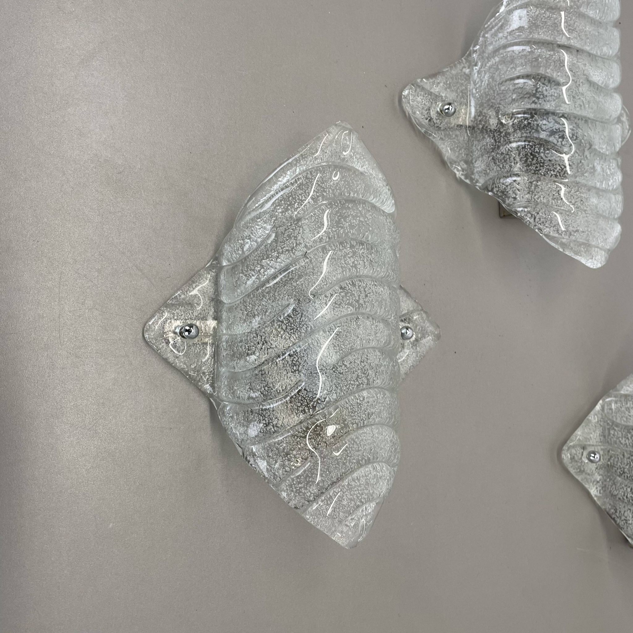Set of 3 Murano Ice Glass Wall Lights/Sconces by FISCHER Leuchten, Germany, 1970