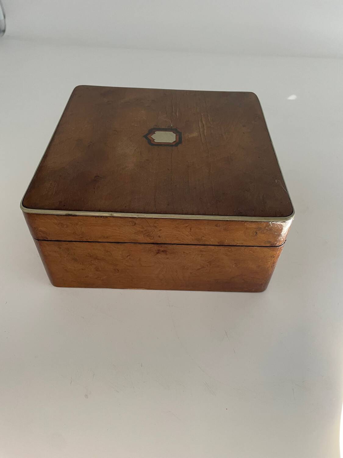 Old square wooden box, a bit of marquetry, padded, box.