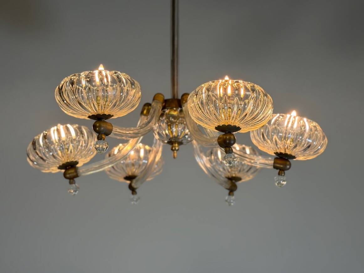 Lustre vénitien en verre de Murano et laiton, vers 1950