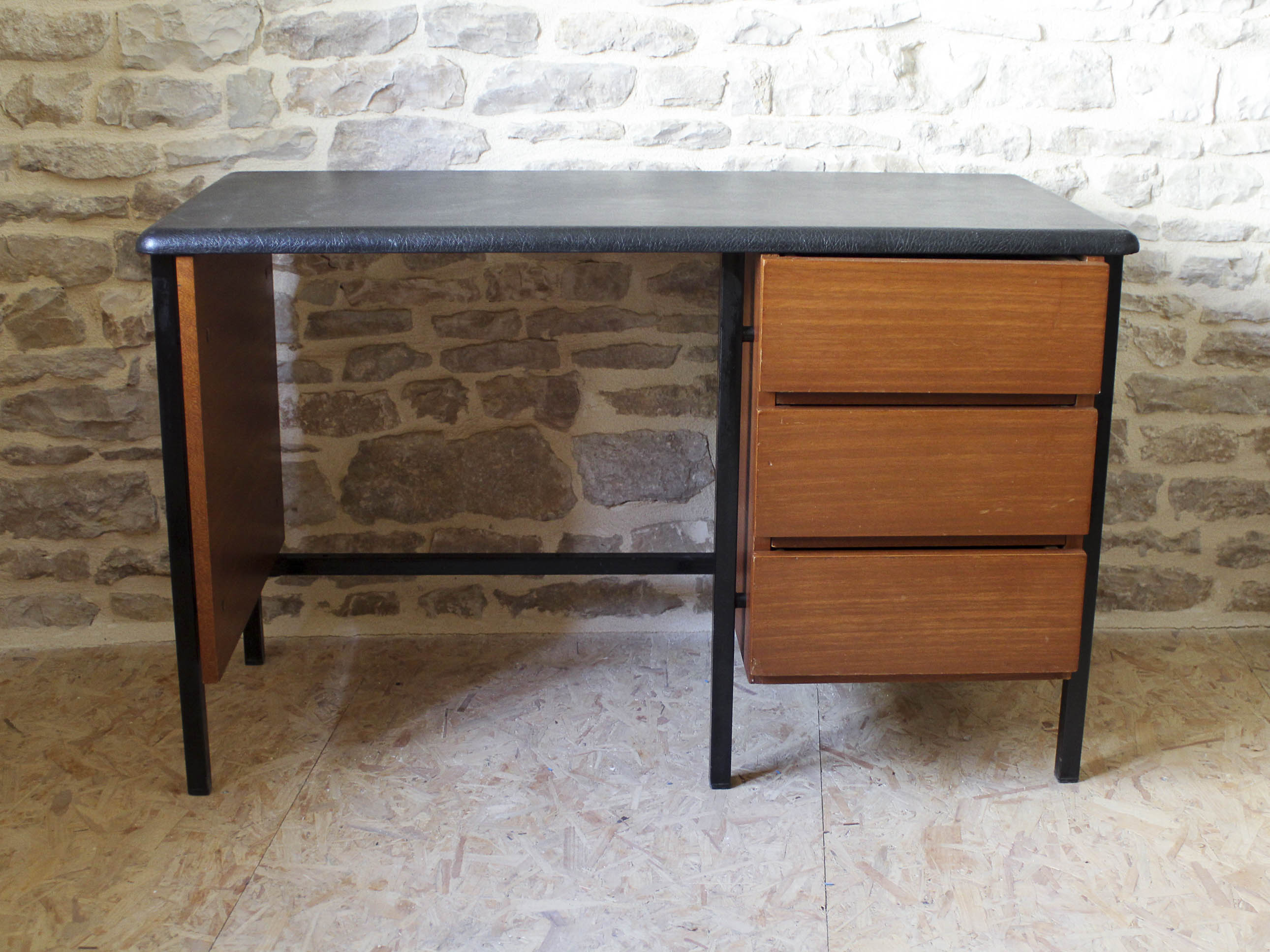 Desk 60s in metal wood and imitation leather