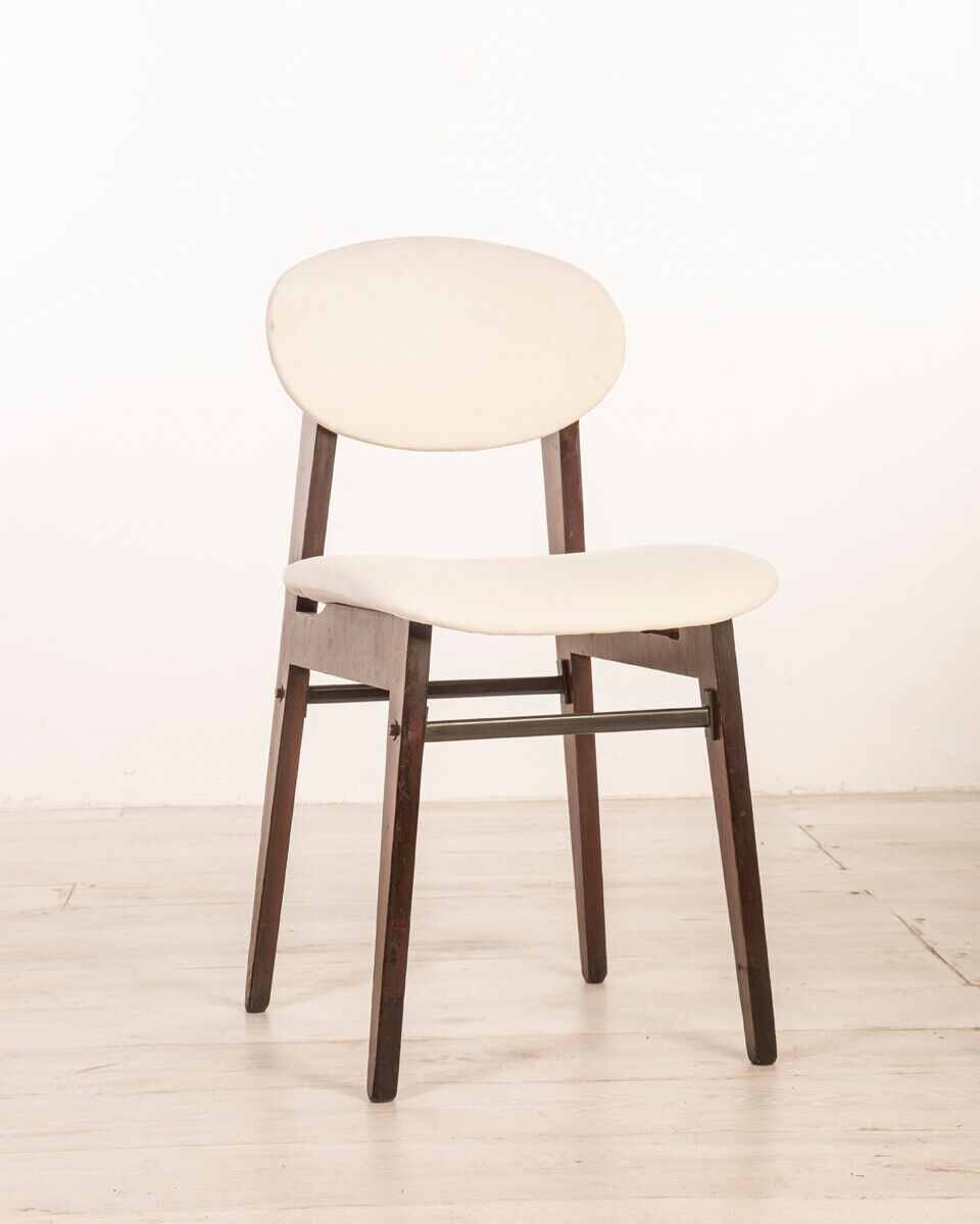 Ensemble de quatre chaises en bois et tissu vintage blanc design italien des années 50