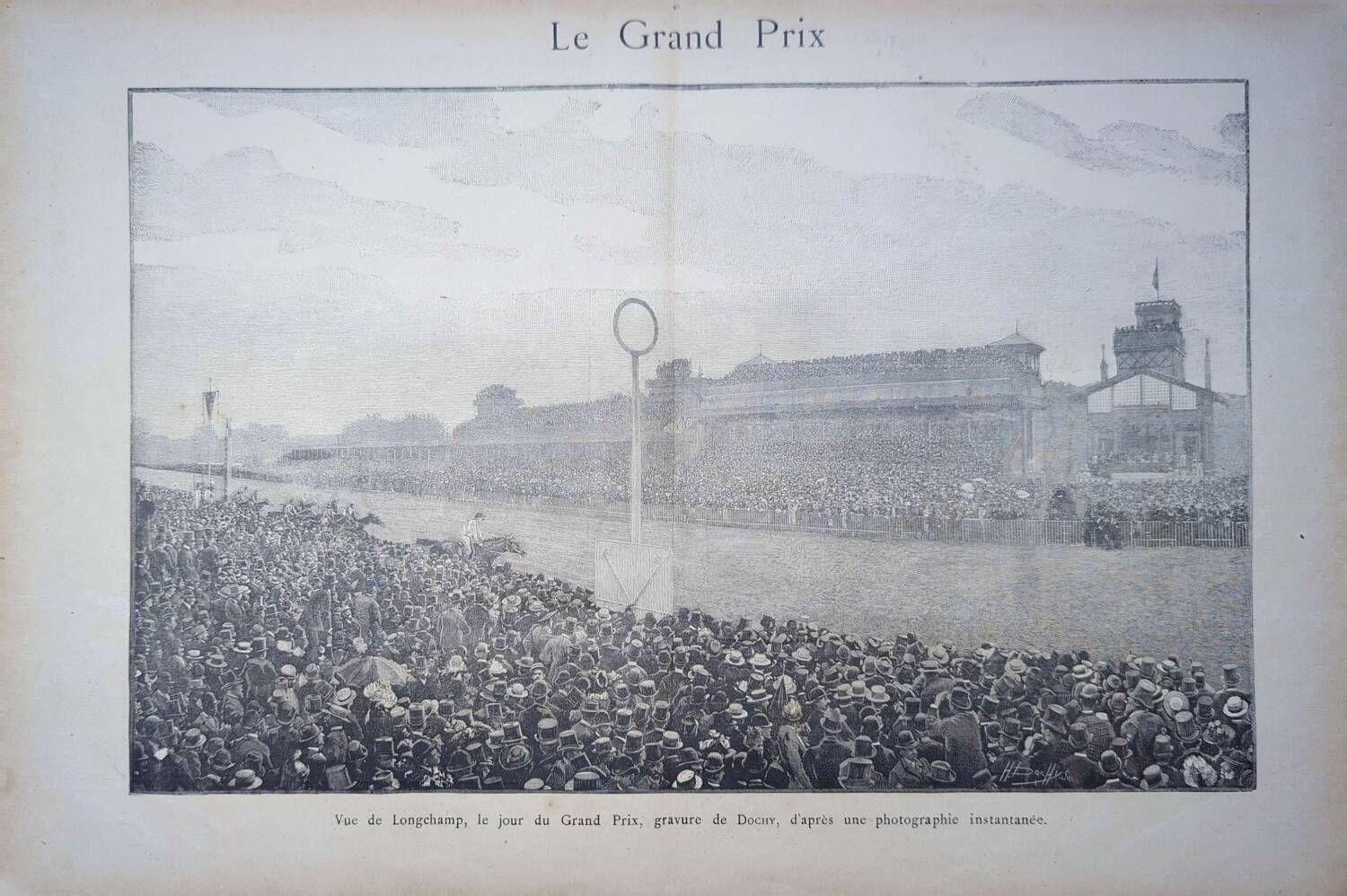 Paris Longchamp, large period engraving, printed in 1891.