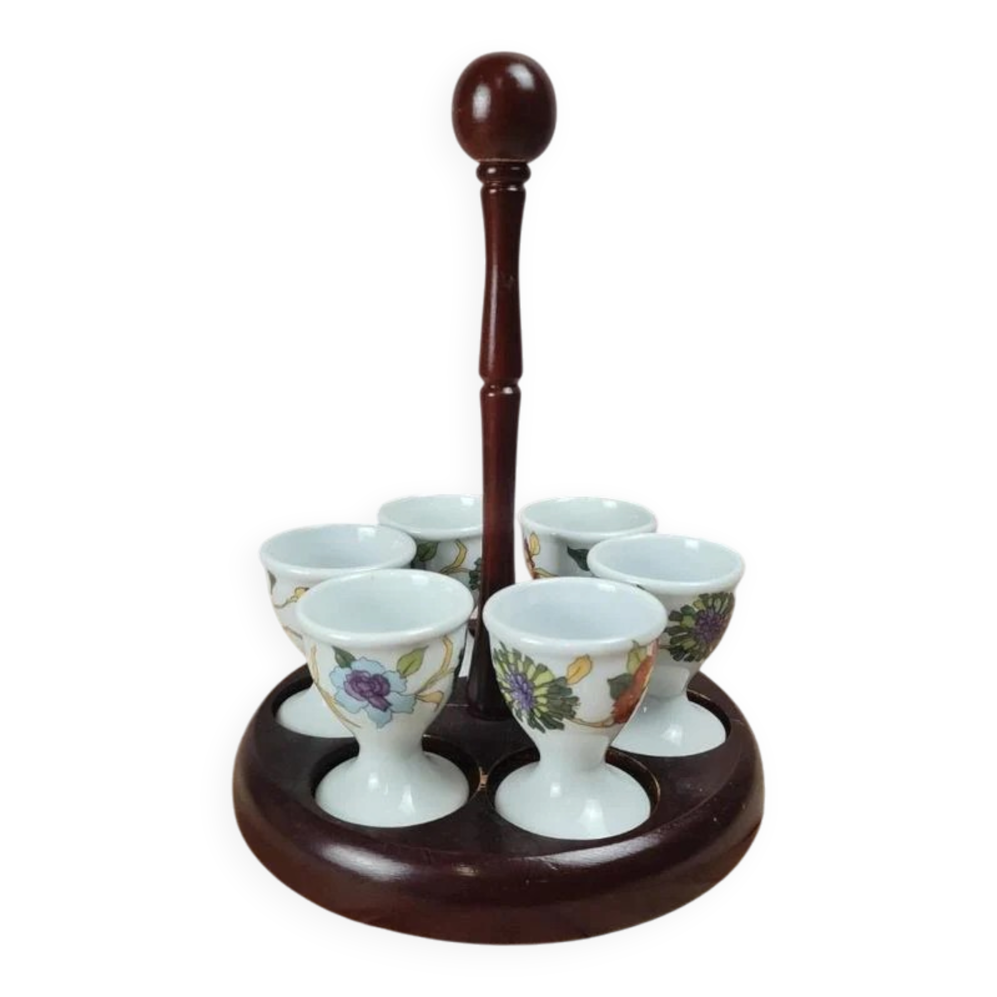 Set of 6 antique egg cups in porcelain from Paris + wooden stand