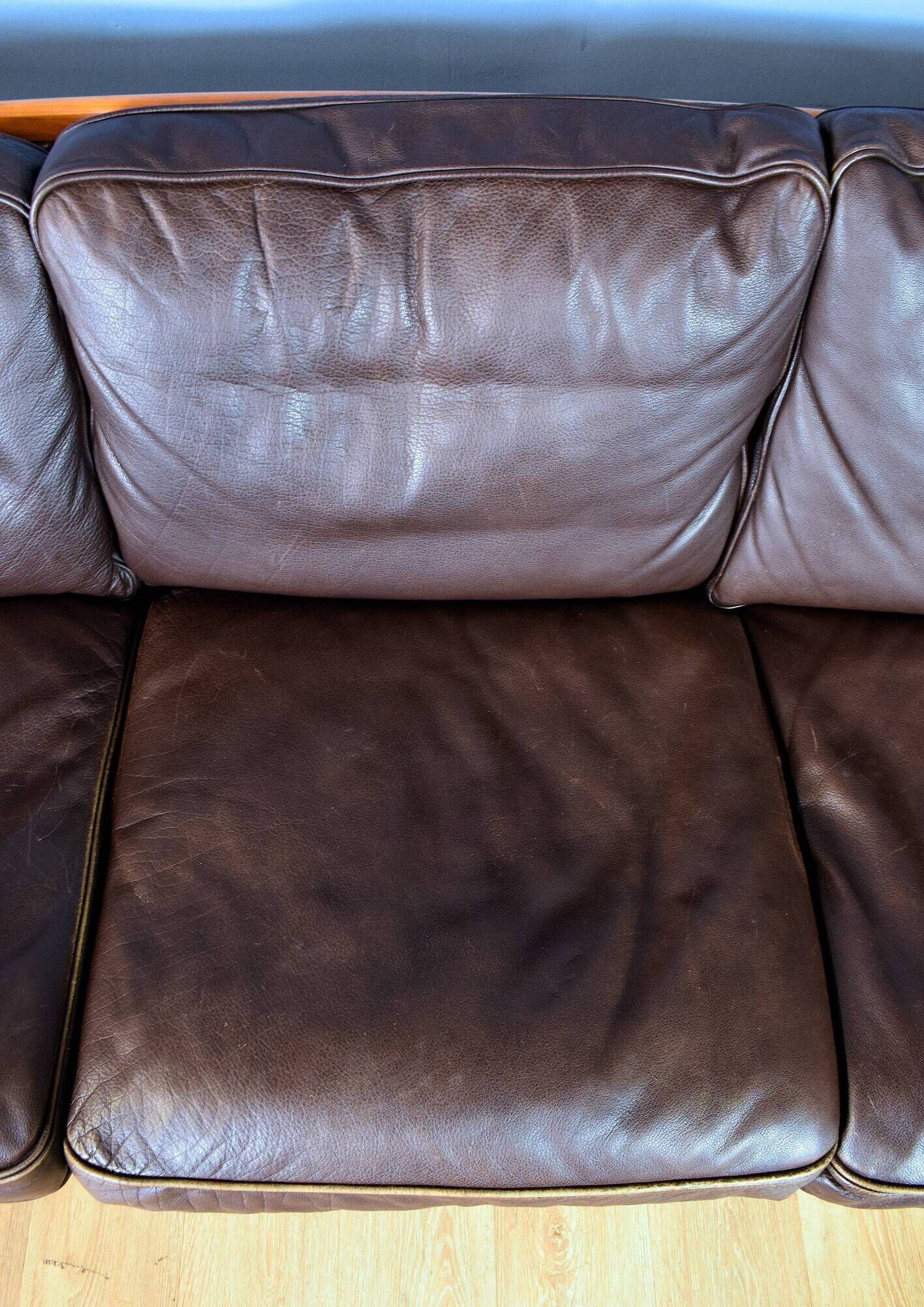 Stouby brown leather & cherry wood 3 seat sofa 1970s
