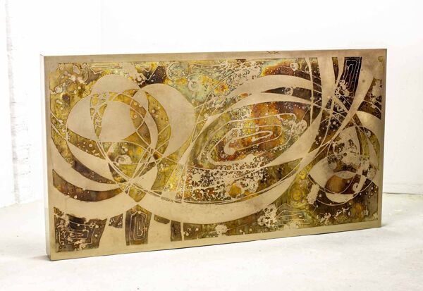 Table basse rectangulaire brutaliste gravée et oxydée Bernhard Rohne, années 1960