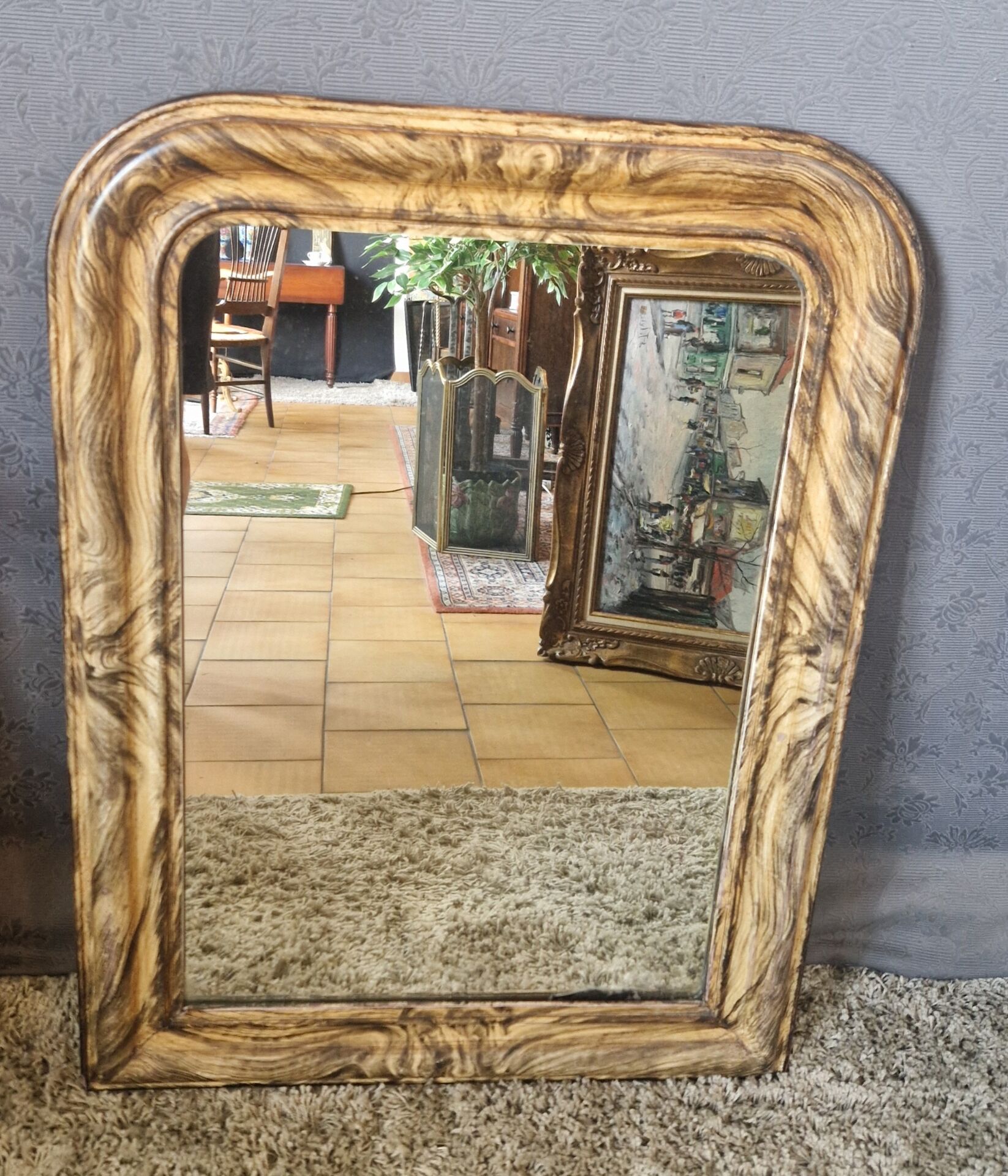 Miroir Louis Philippe décors faux bois  93 x 69 cm
