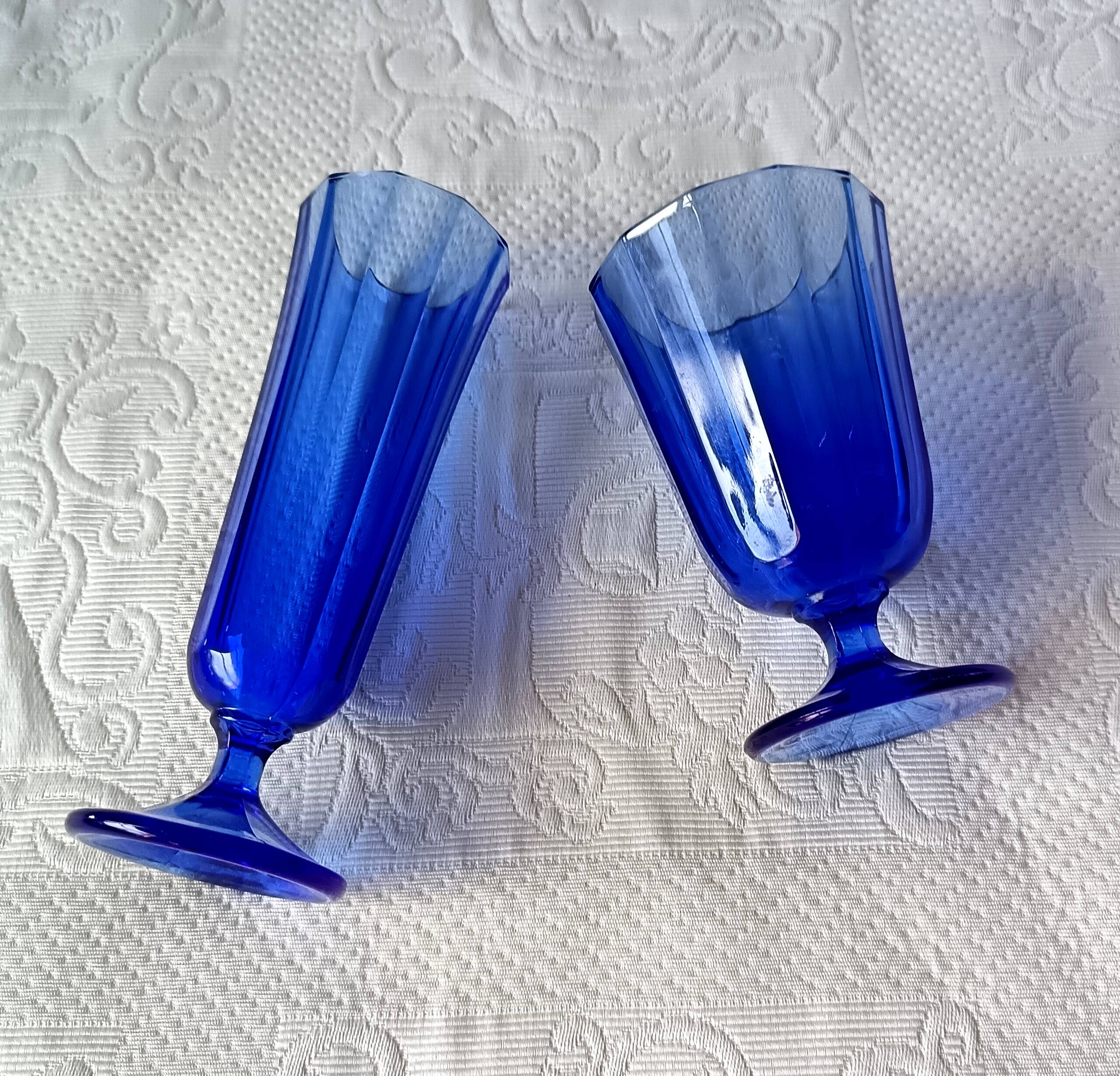8 vintage aperitif glasses in cobalt blue coloured glass from Portugal.