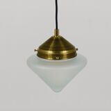 Up to 7 Art Deco brass pendant lights with conical glass shades, Vienna 1930s.