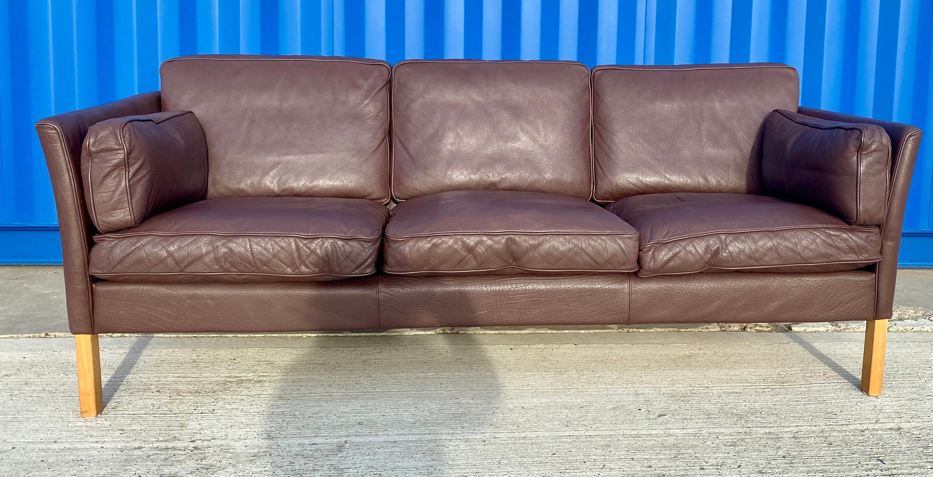 Danish brown leather three seater sofa