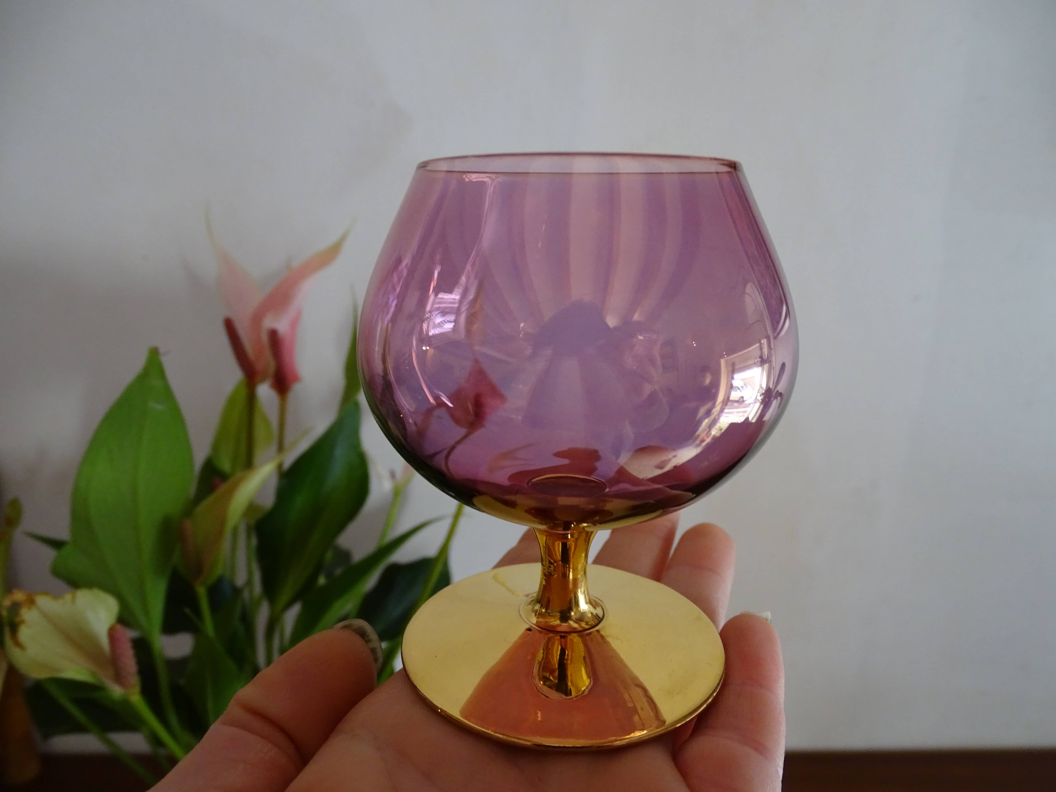 5 vintage coloured cognac glasses