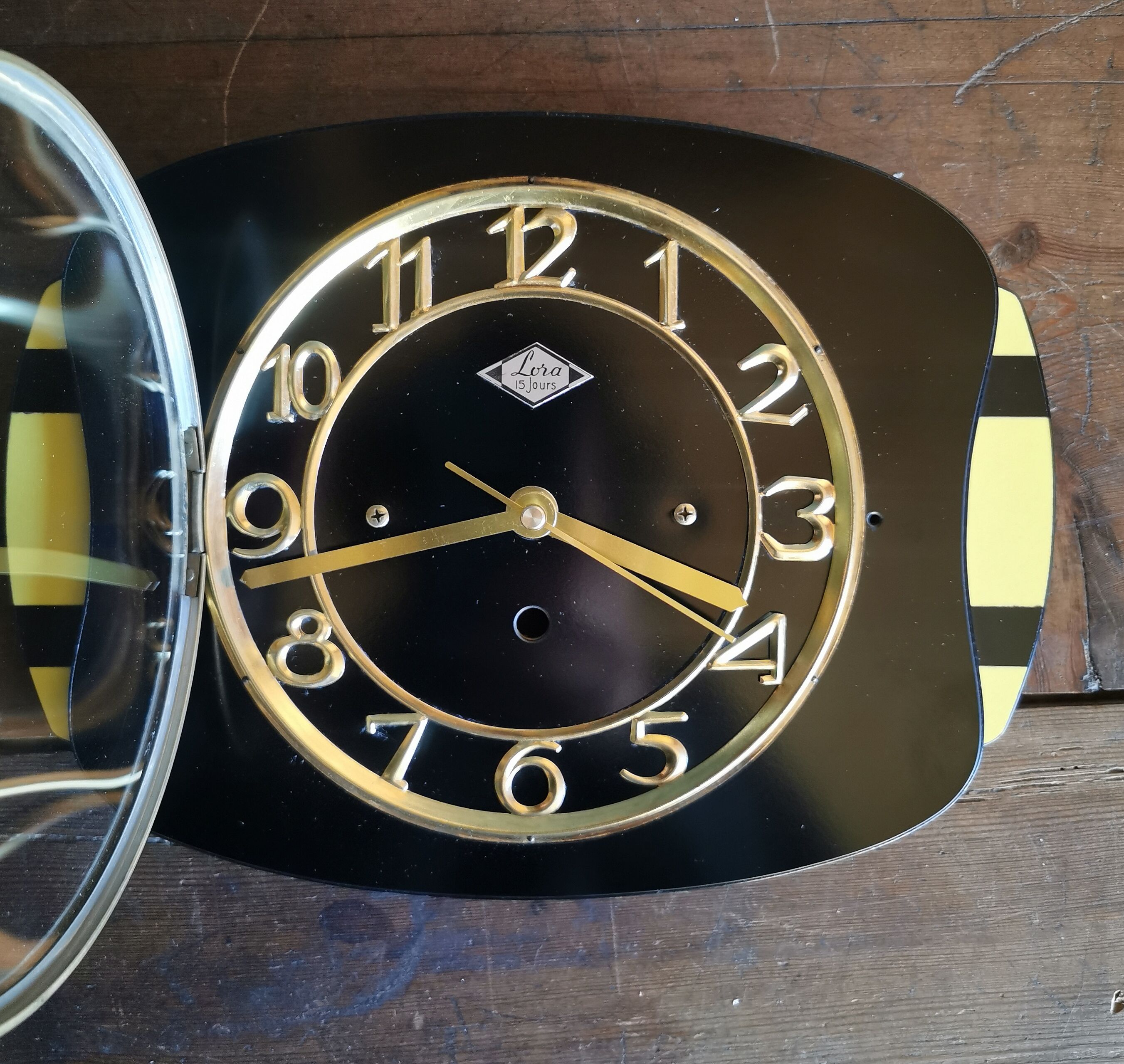 Vintage formica clock rectangular silent wall clock "Lora black yellow"