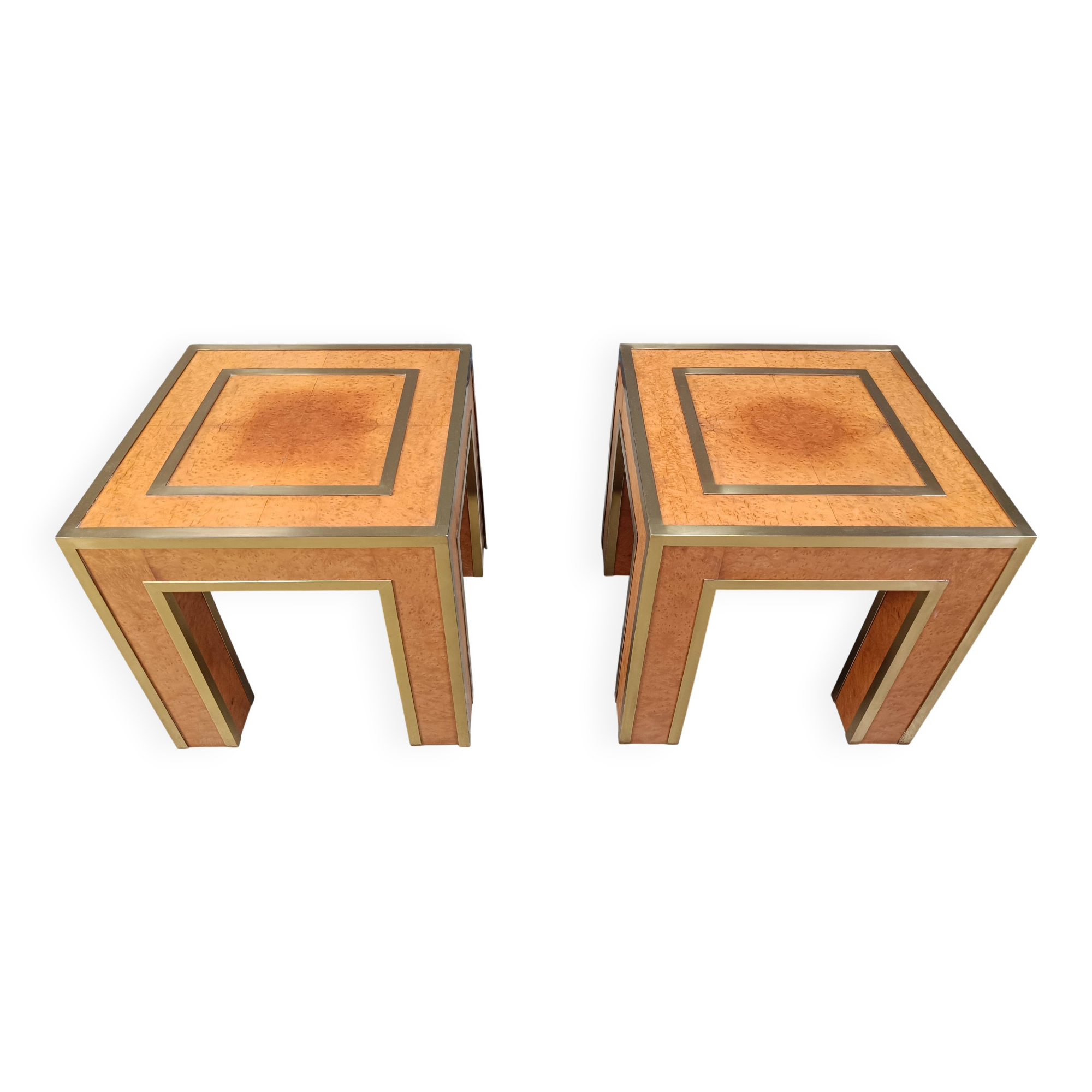 Pair of brass and burl wood side tables, 1980s
