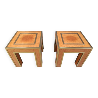 Pair of brass and burl wood side tables, 1980s