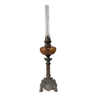 Lampe à pétrole Hugo Schneider en cristal, marbre et métal, ambrée, XIXème