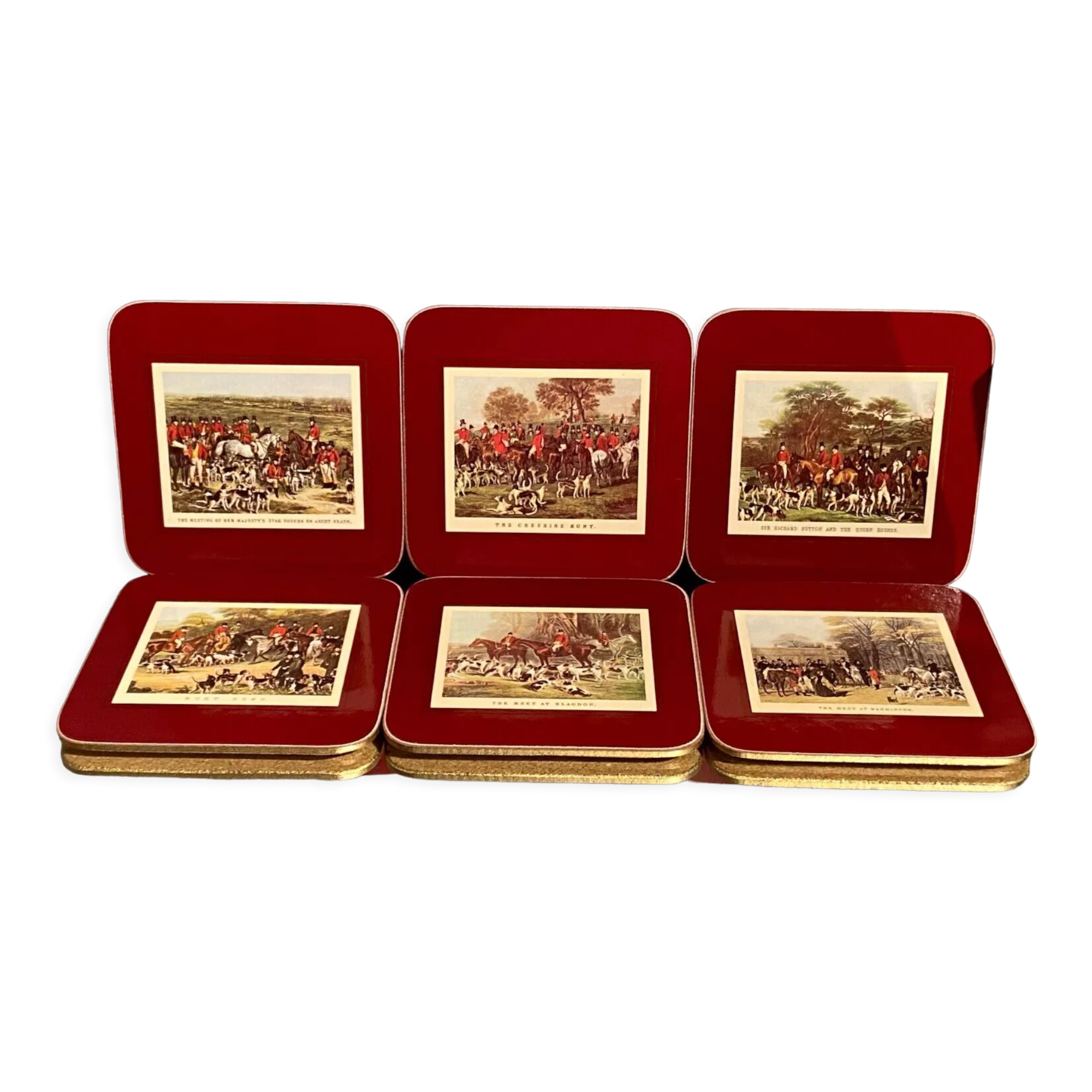 Suite de 6 dessous de verre en liège Clover Leaf décor scènes de chasse à courre