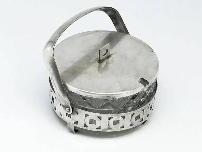 Sugar bowl, postmodernism, glass, silver-plated brass, Poland, 1970s