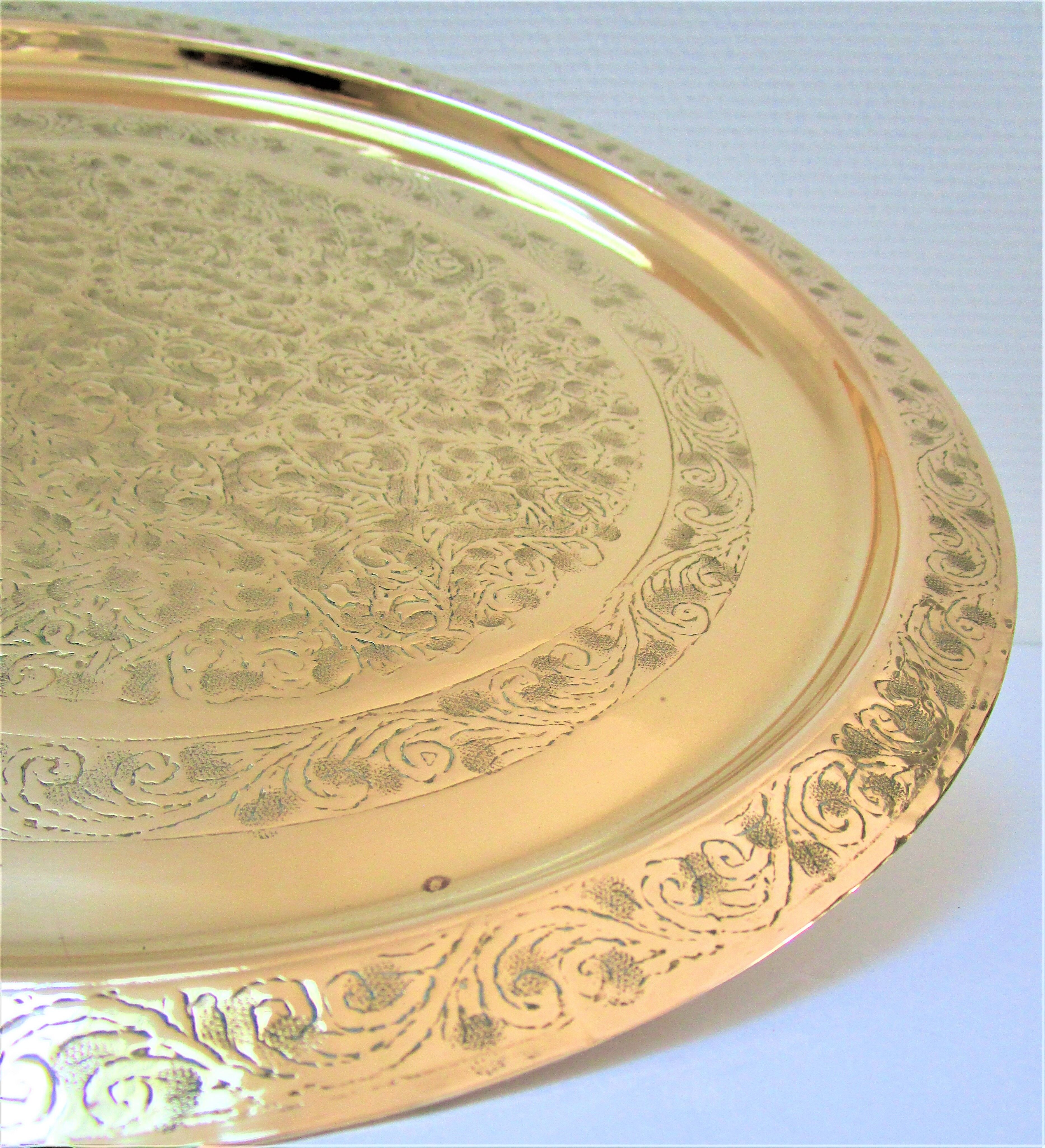 Oriental brass tray floral decoration signed
