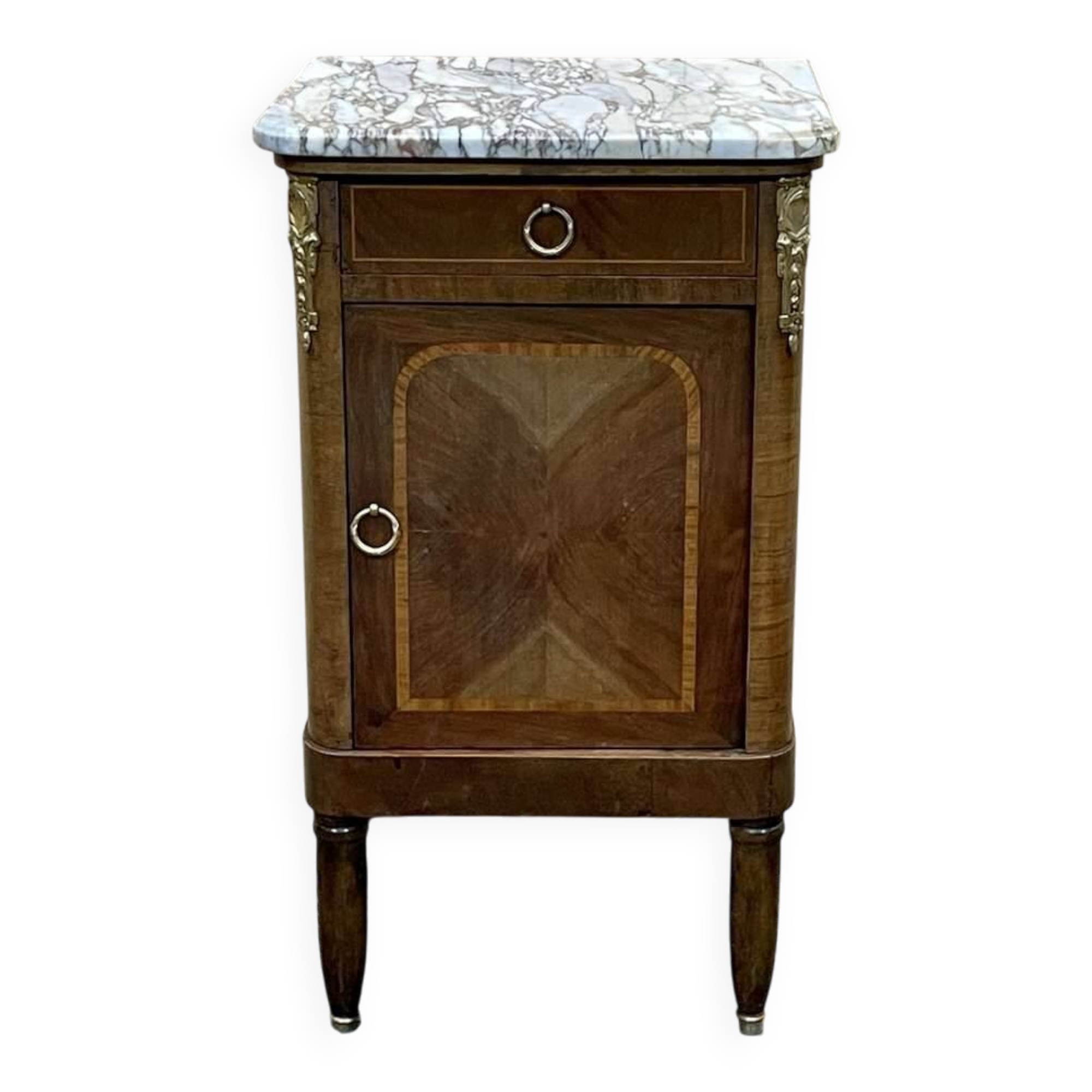 Table de nuit en marqueterie et marbre blanc du début XXème