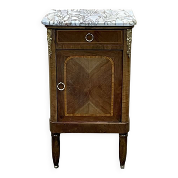 Table de nuit en marqueterie et marbre blanc du début XXème