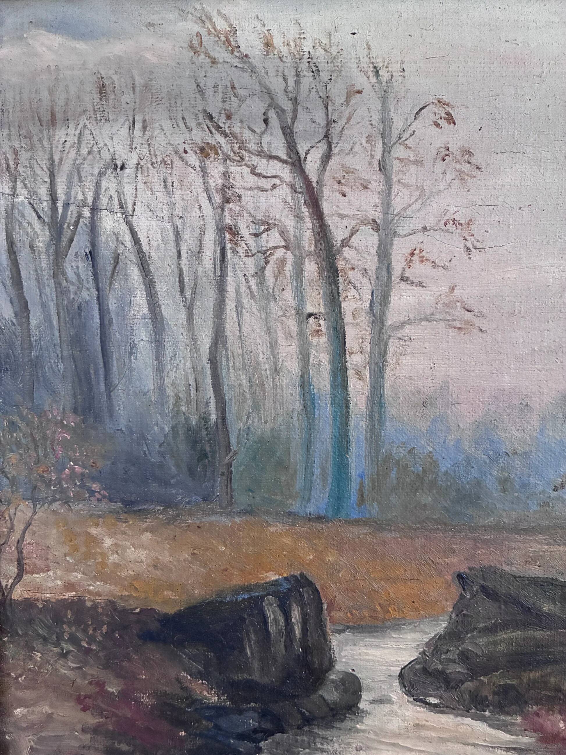 Antique original forest landscape oil painting c. 1910