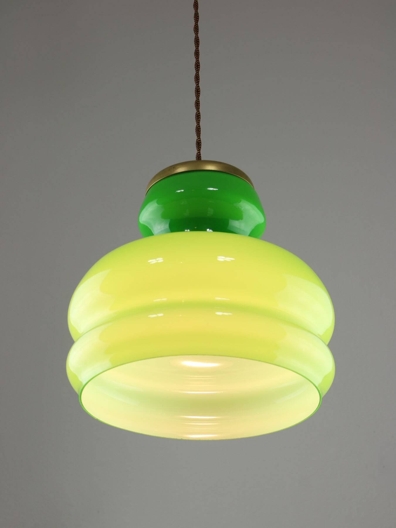 Big Green Mid-century Italian Brass and Glass Pendant Lamp