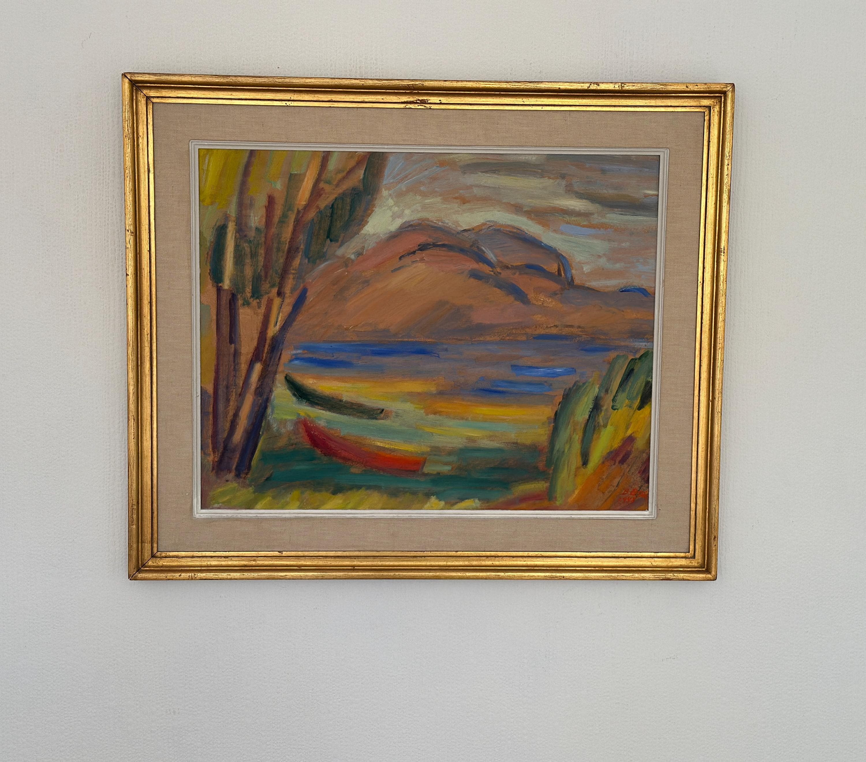 Huile sur panneau d'origine suédoise – “Sommardag” par B. Ekström – Datée de 1945 – Vintage et encadrée – 59 × 70 cm (23,2" × 27,6")