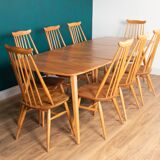 Retro Blonde Elm Model 444 Grand Plank Dining Table & 8 Goldsmith Dining Chairs