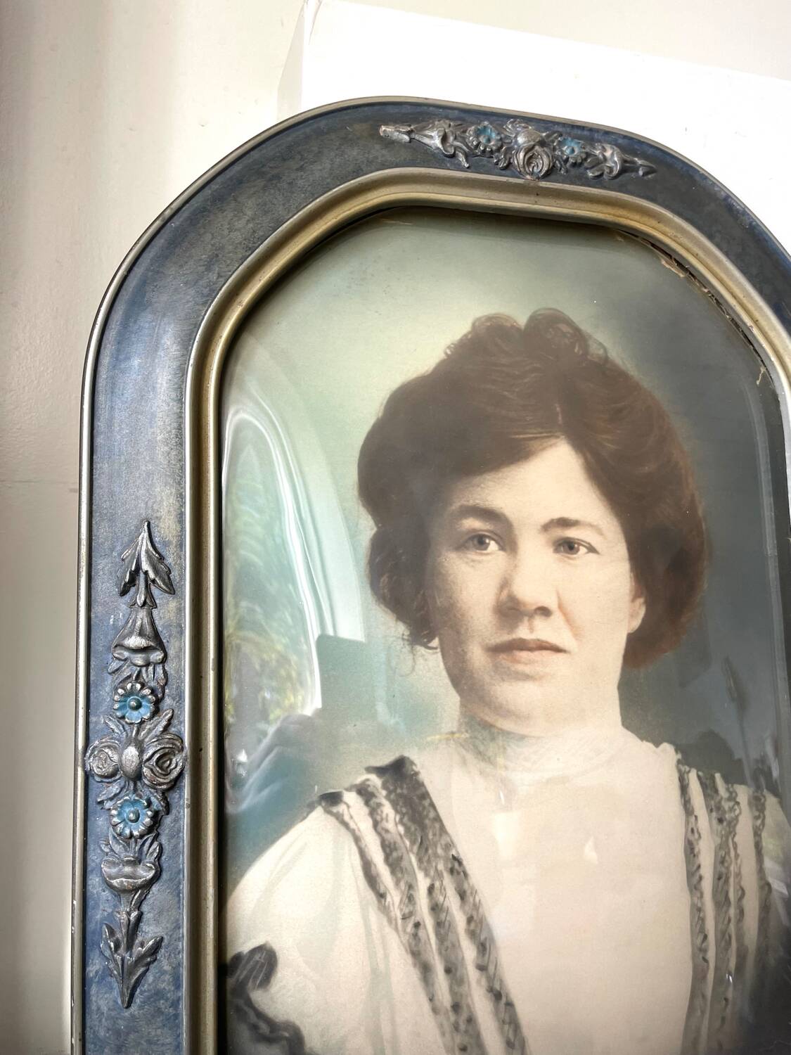 Giant antique  v silver & blue colored picture frame  hand painted black & white  antique photo portait of a lady   with convex   bubble glass   frame  53 cm x 35 cm