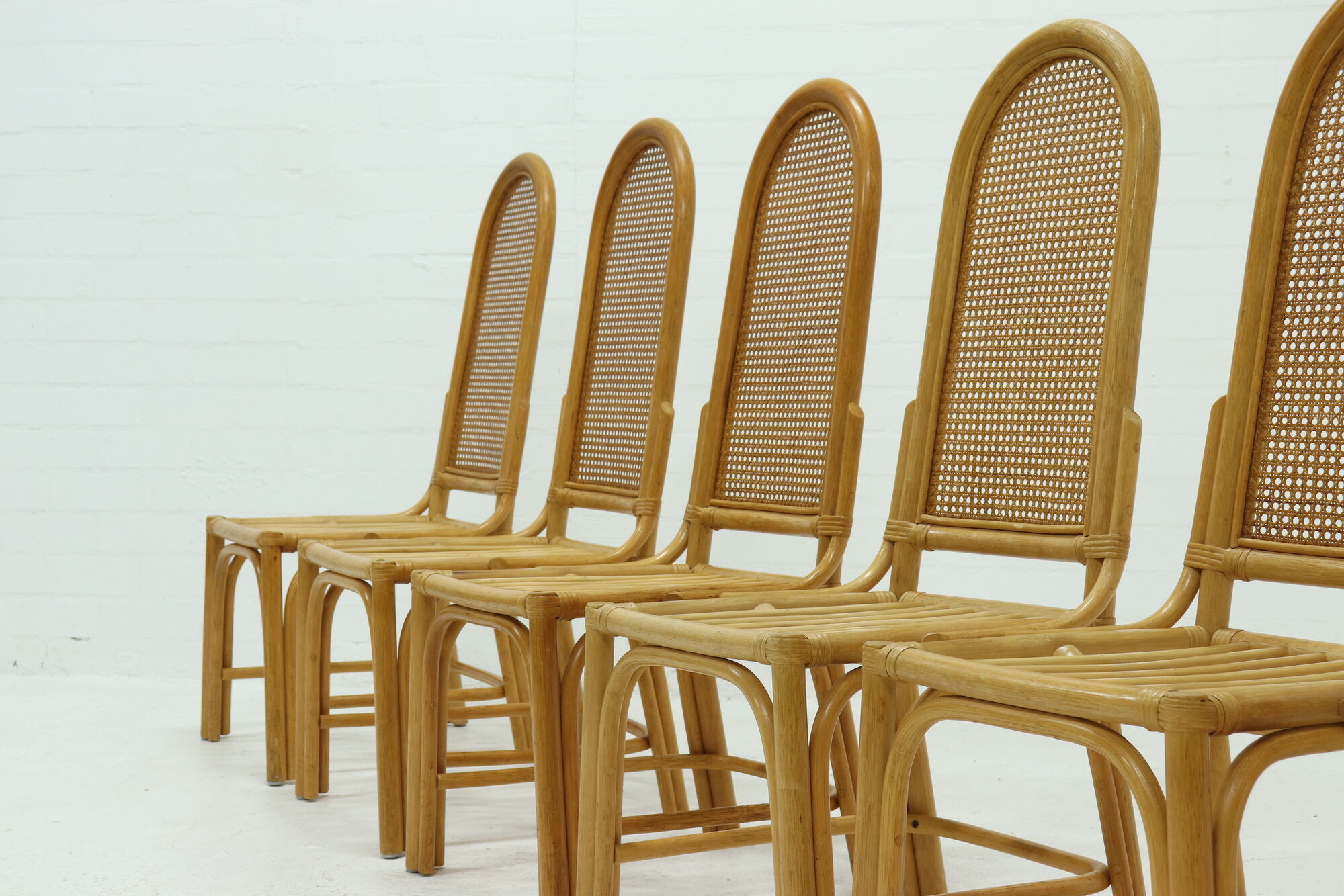 Set of 6 bamboo and webbing dining chairs 1970s