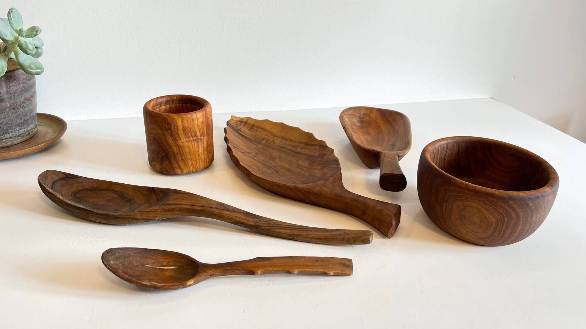 Set of vintage turned and carved wooden cups