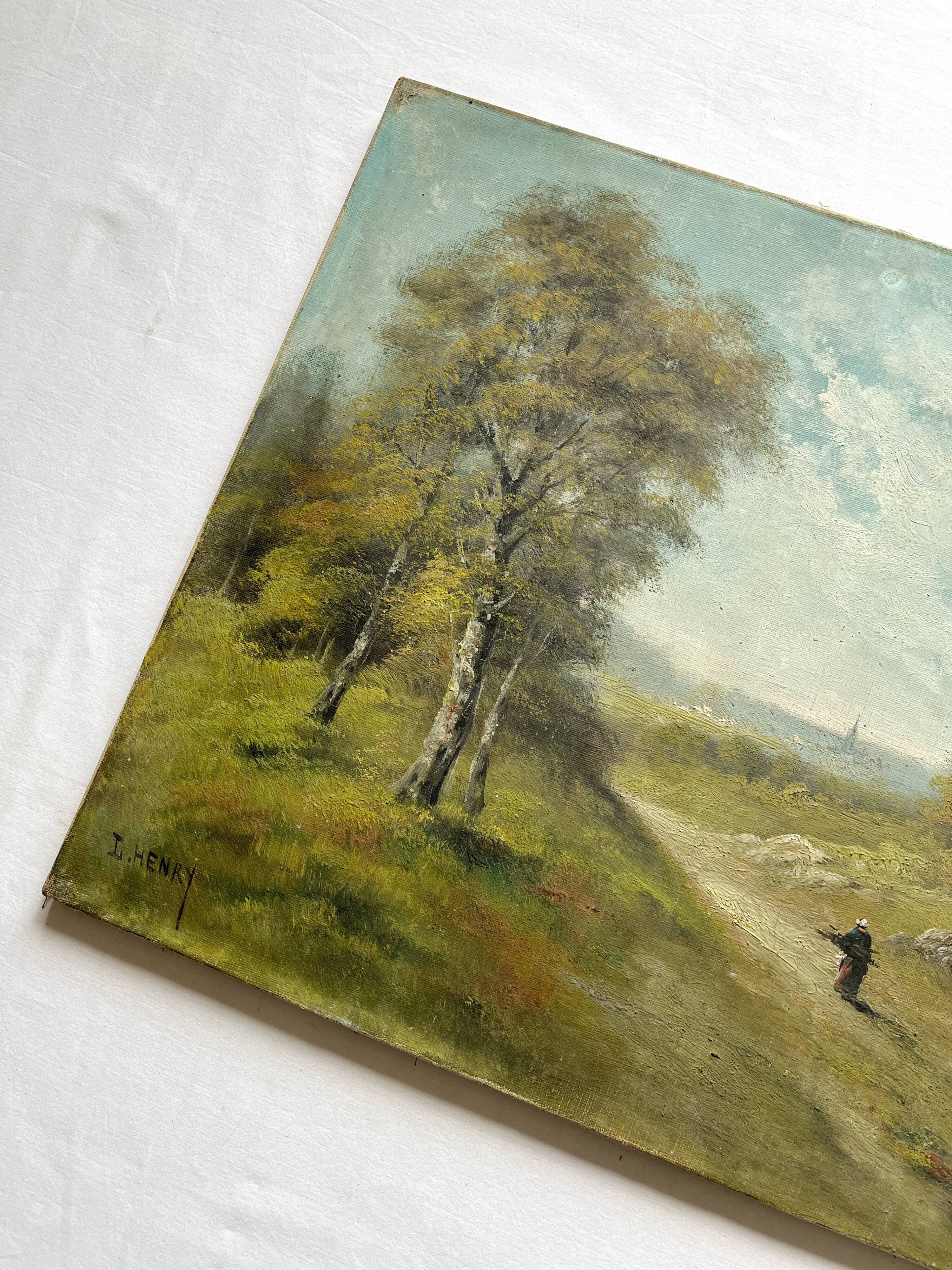 Antique oil painting on canvas, landscape, signed Lucien Félix Henry, 19th century