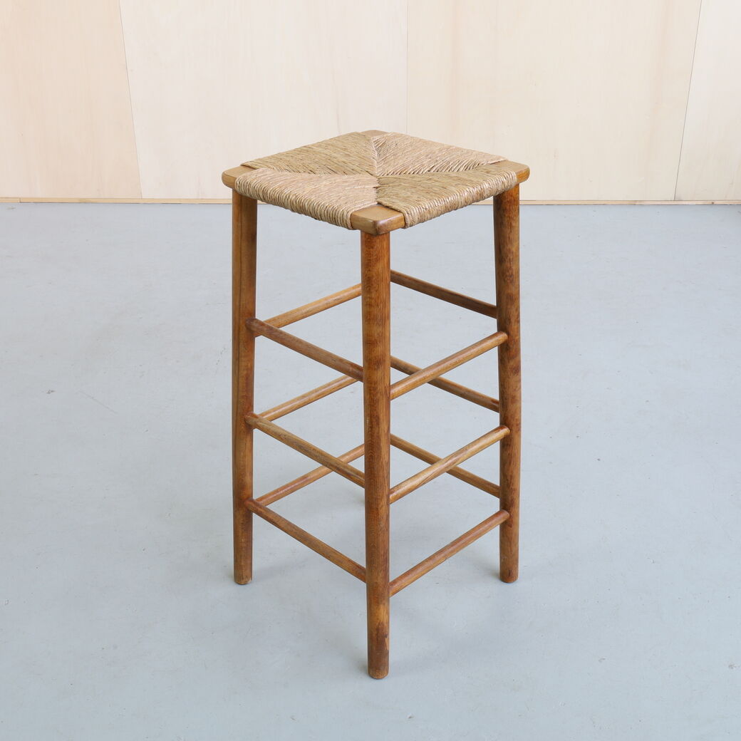 Brutalist barstools in wood and rush, 1970s, set of 4