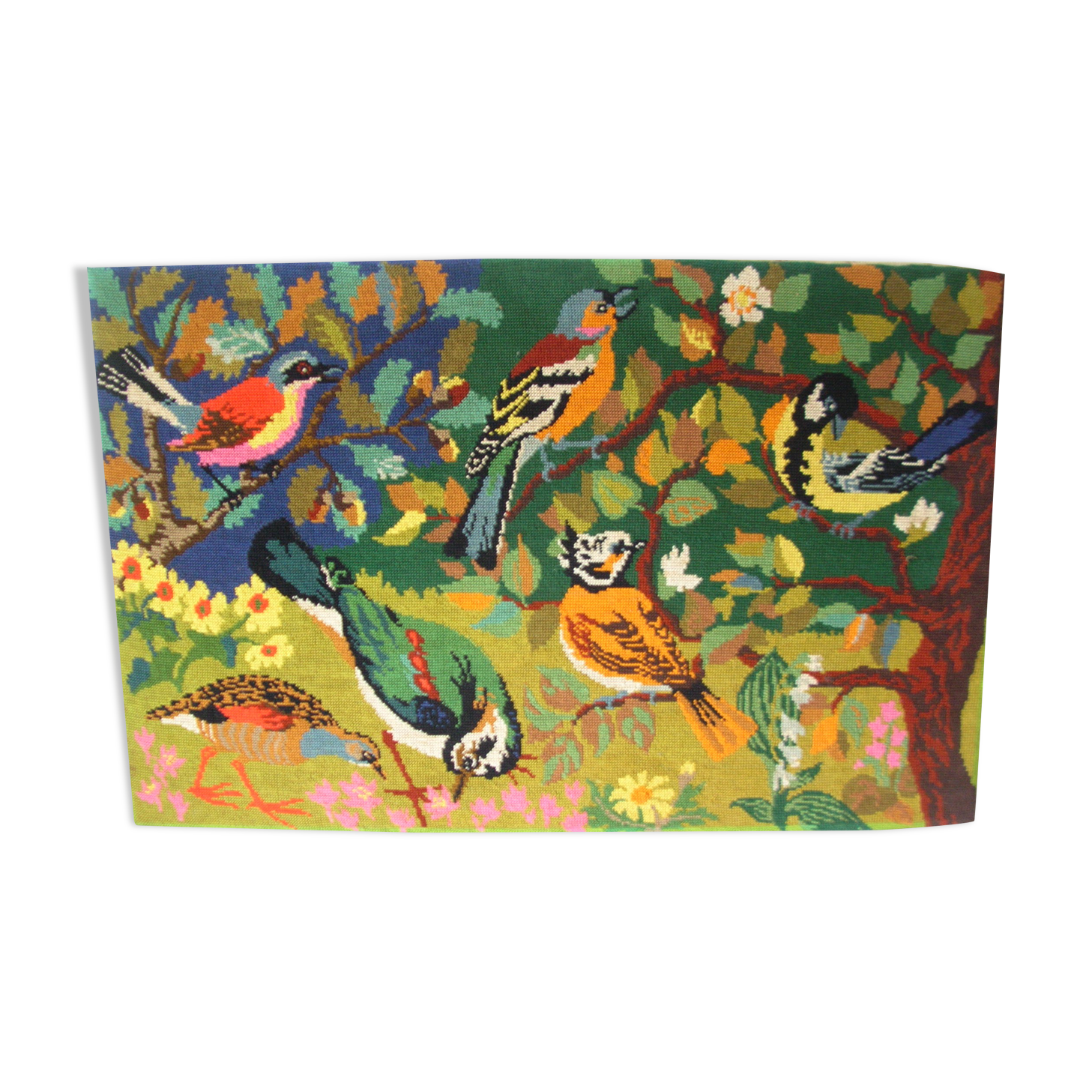 Old canvas made tapestry 1970s birds of gardens and forests 73 cm