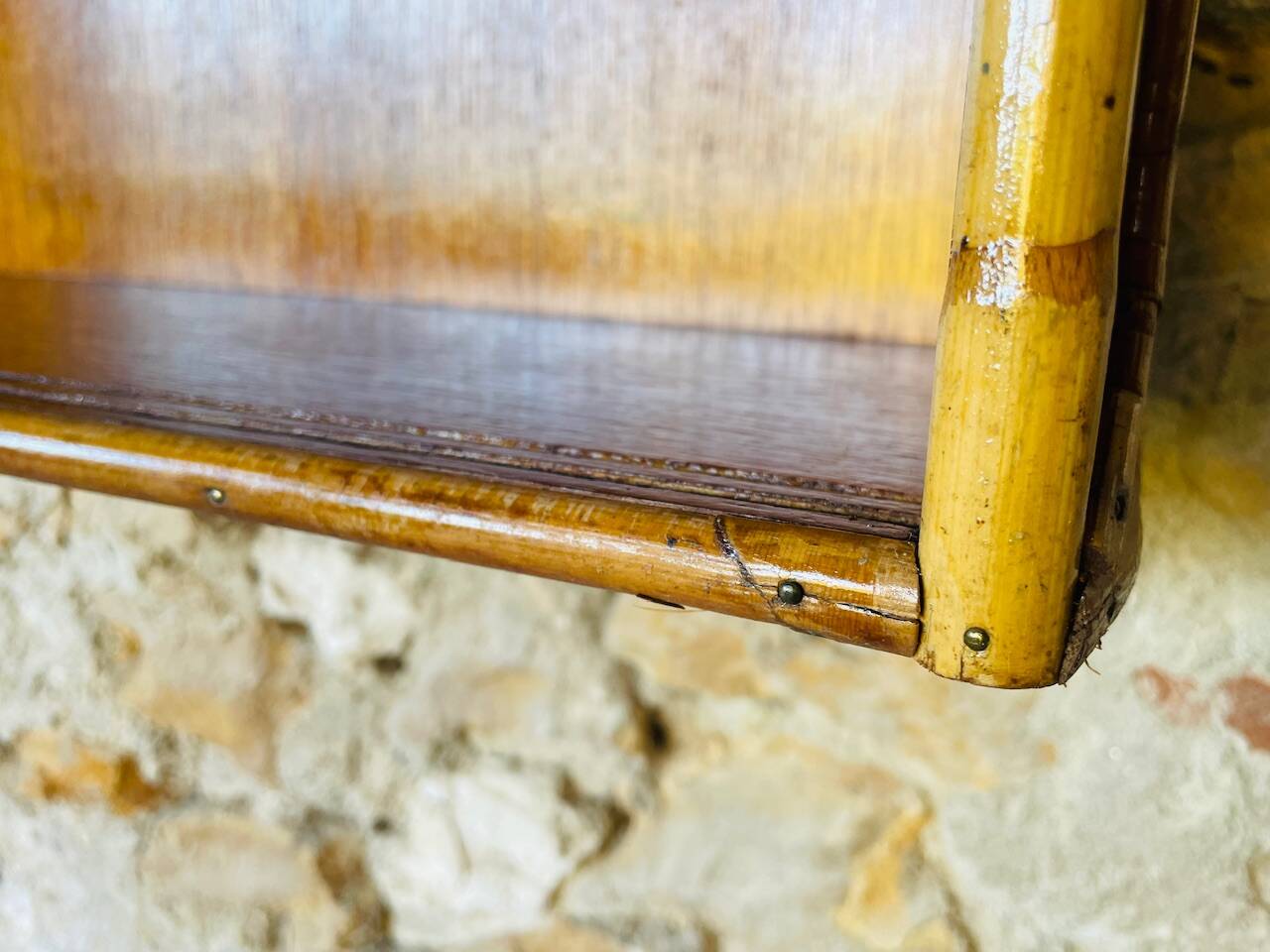 Vintage rattan and bamboo wall shelf with glass door cabinet, 1960s