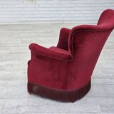 1970s, Danish armchair, cherry-red furniture velour, oak wood legs.