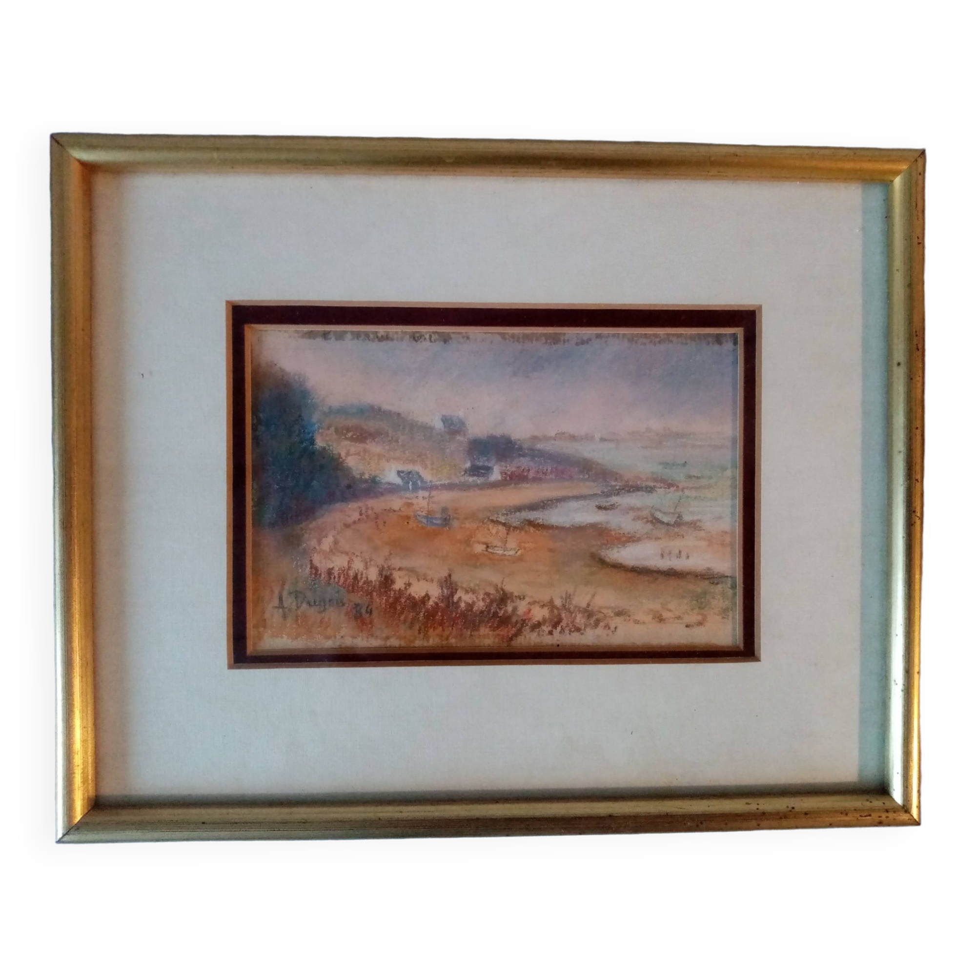 Old pastel painting decorated with a Breton port in autumn signed Antoine Dugois