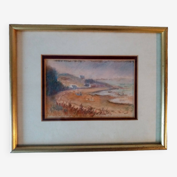 Ancien tableau au pastel decor de port breton en automne signe antoine dugois