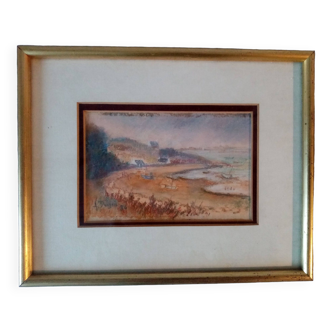 Ancien tableau au pastel decor de port breton en automne signe antoine dugois