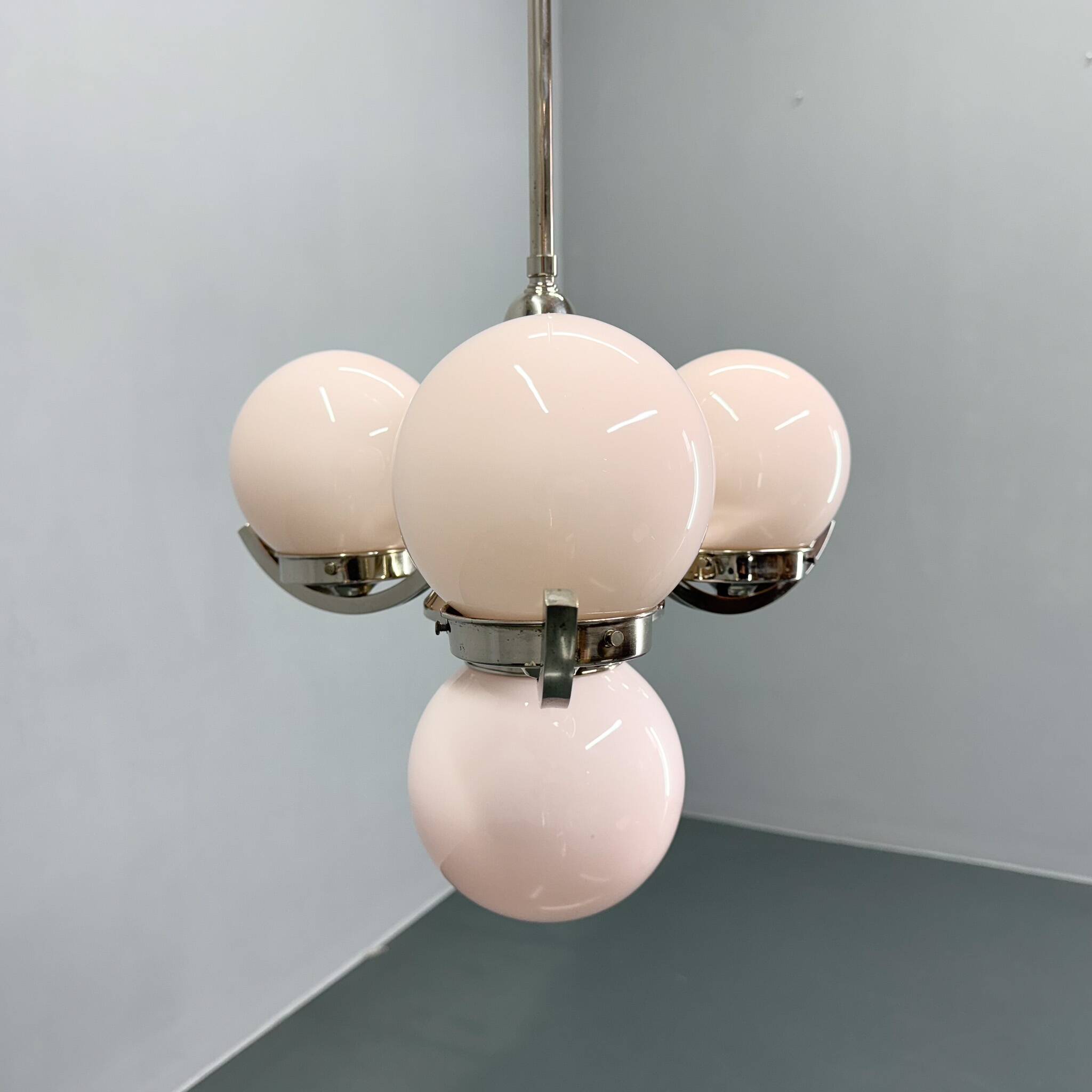 Art Deco Chrome and Pink Glass Chandelier, 1930's