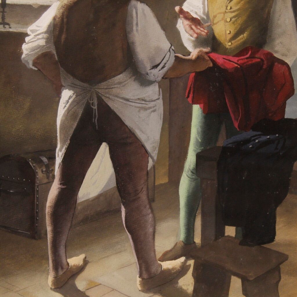 Italian painting interior scene with characters from XXth century