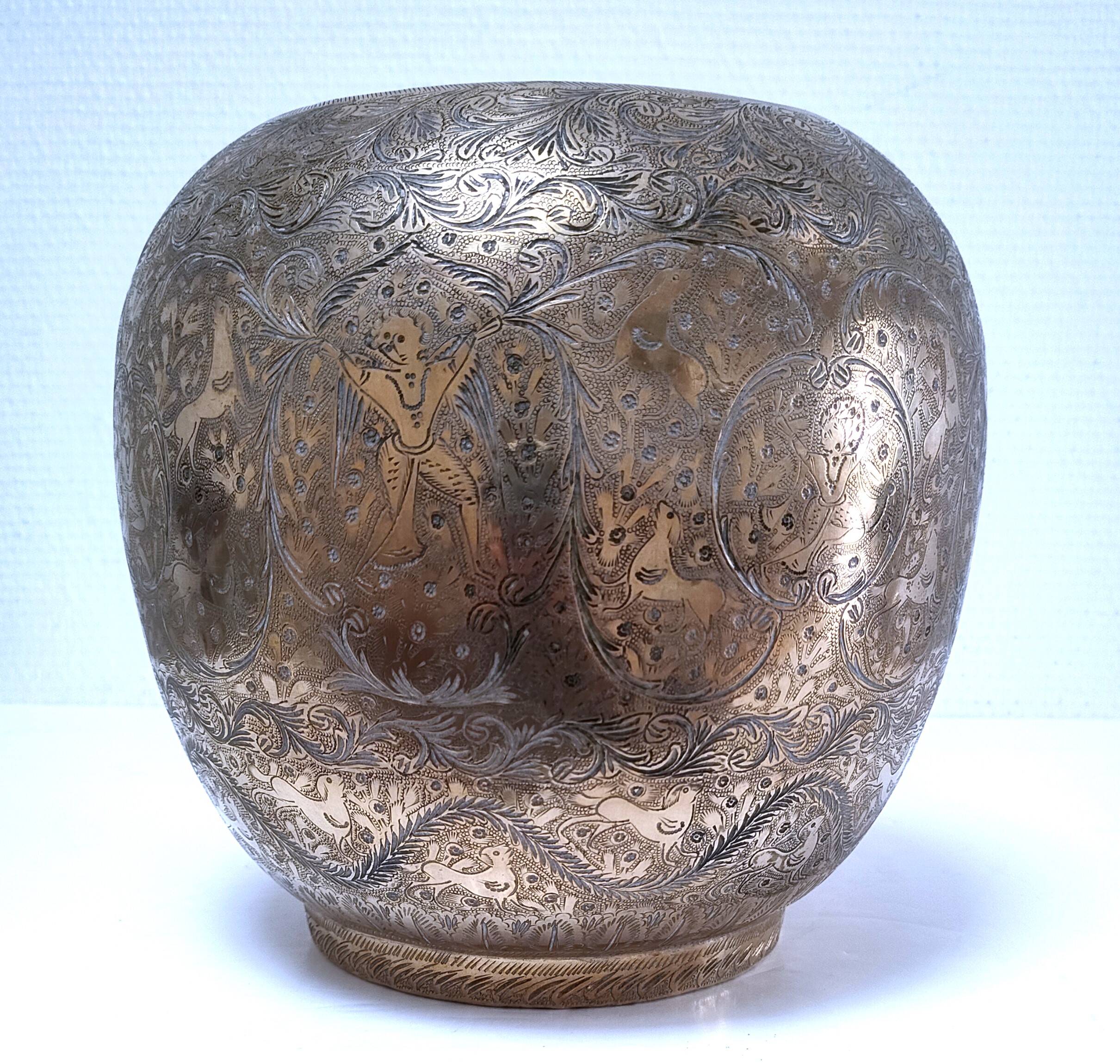 Solid brass pot cover engraved with animal, plant and character decoration
