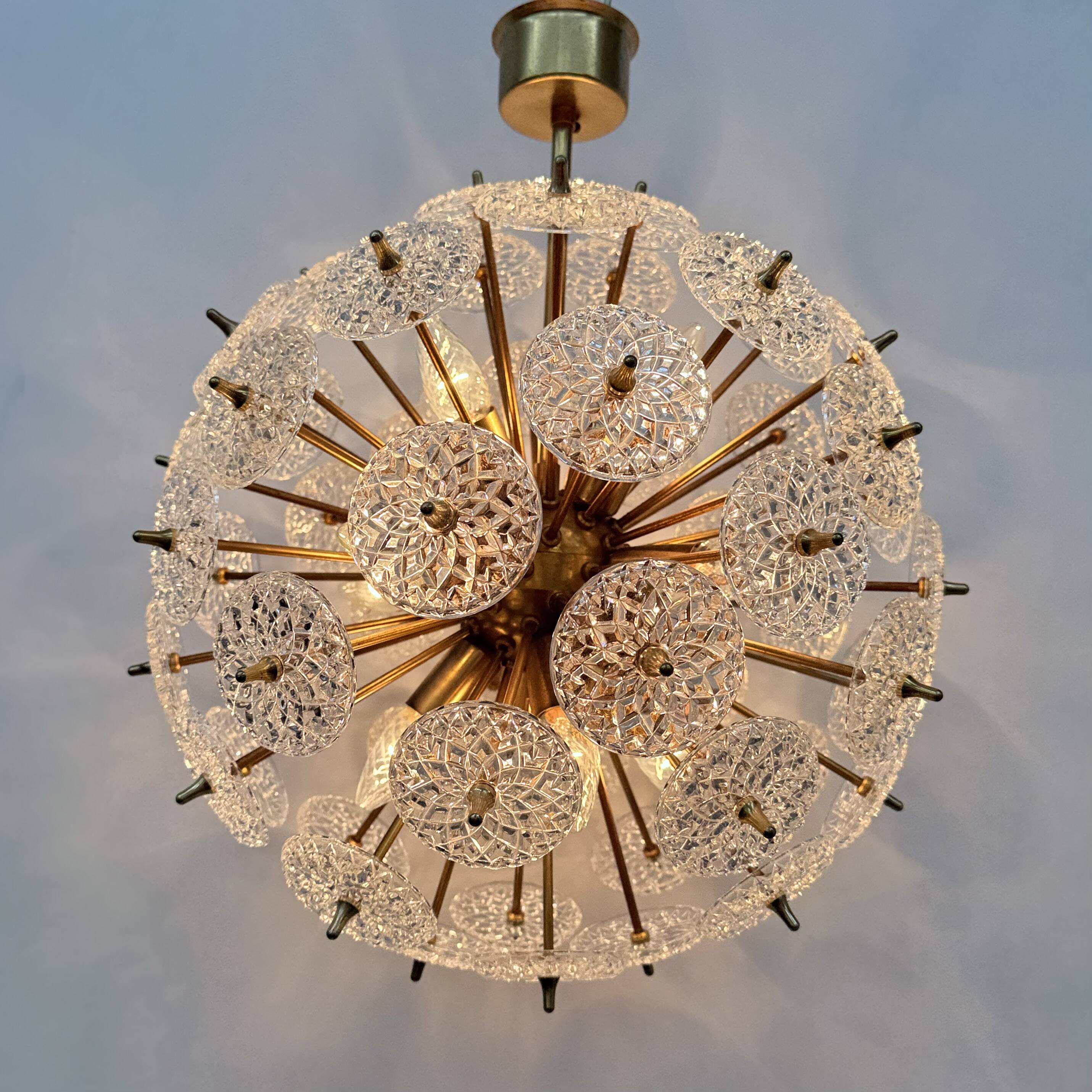 Val Saint Lambert crystal sputnik gold chandelier , 1960’s