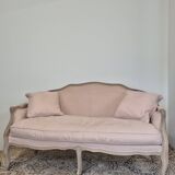 Louis XV style bench sofa in pink fabric and burlap