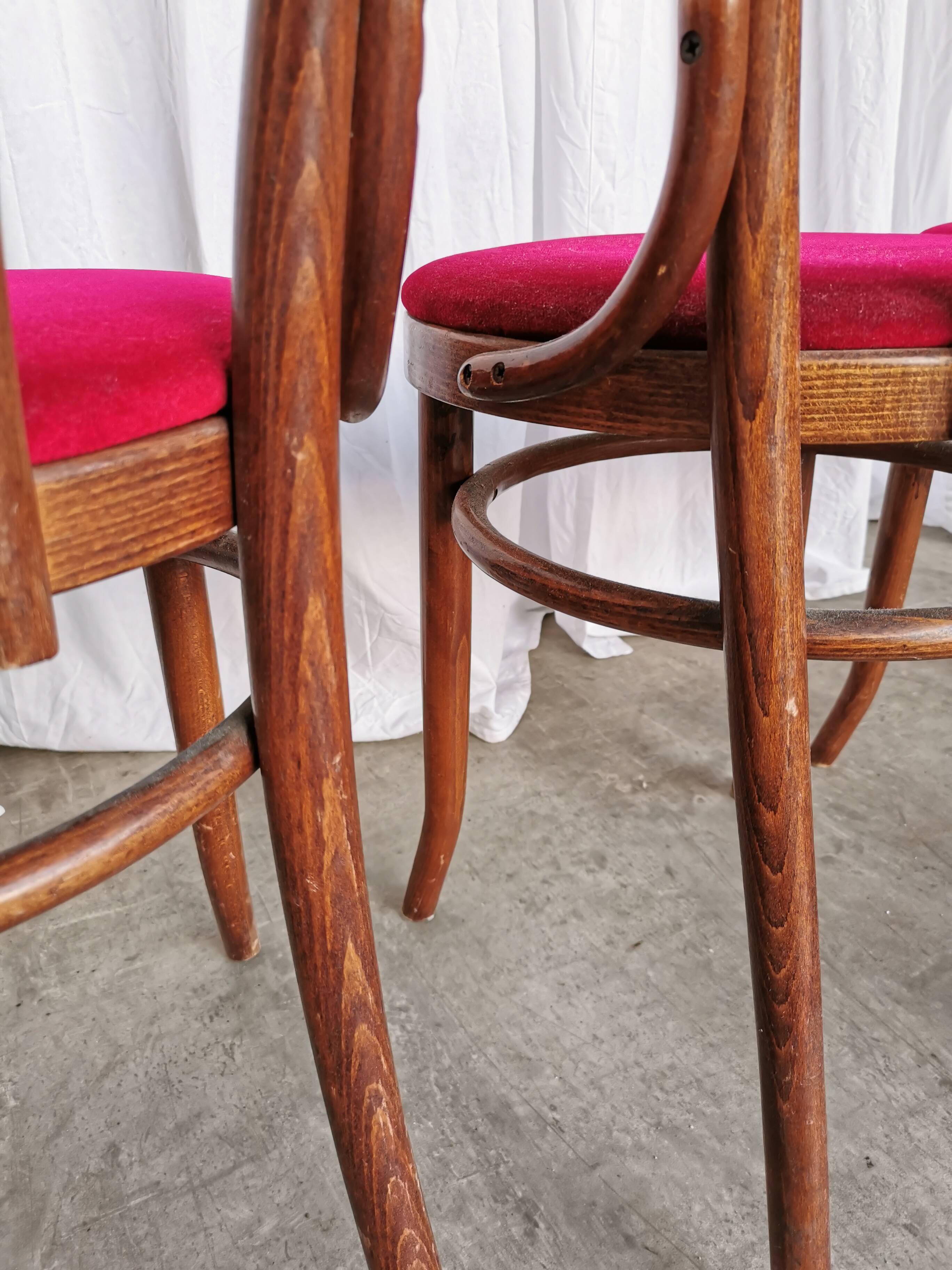 Set of 4 Vintage Bentwood Bistro Chairs, Red Upholstery