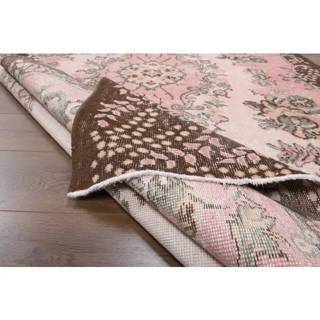 1970s Vintage Turkish Oushak Handmade Wool Cotton Pink Area Rug 173x293